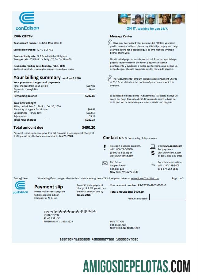 Em branco modelo de conta de serviço público de eletricidade dos EUA Con Edison em formato Word e PDF